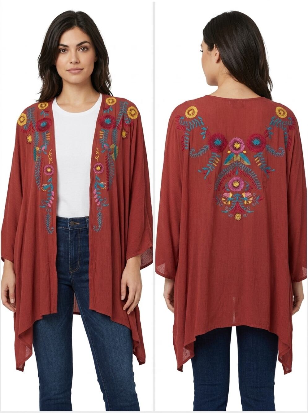 Umgee Rust Red Floral Embroidered Boho Kimono Cardigan Women Size M/L